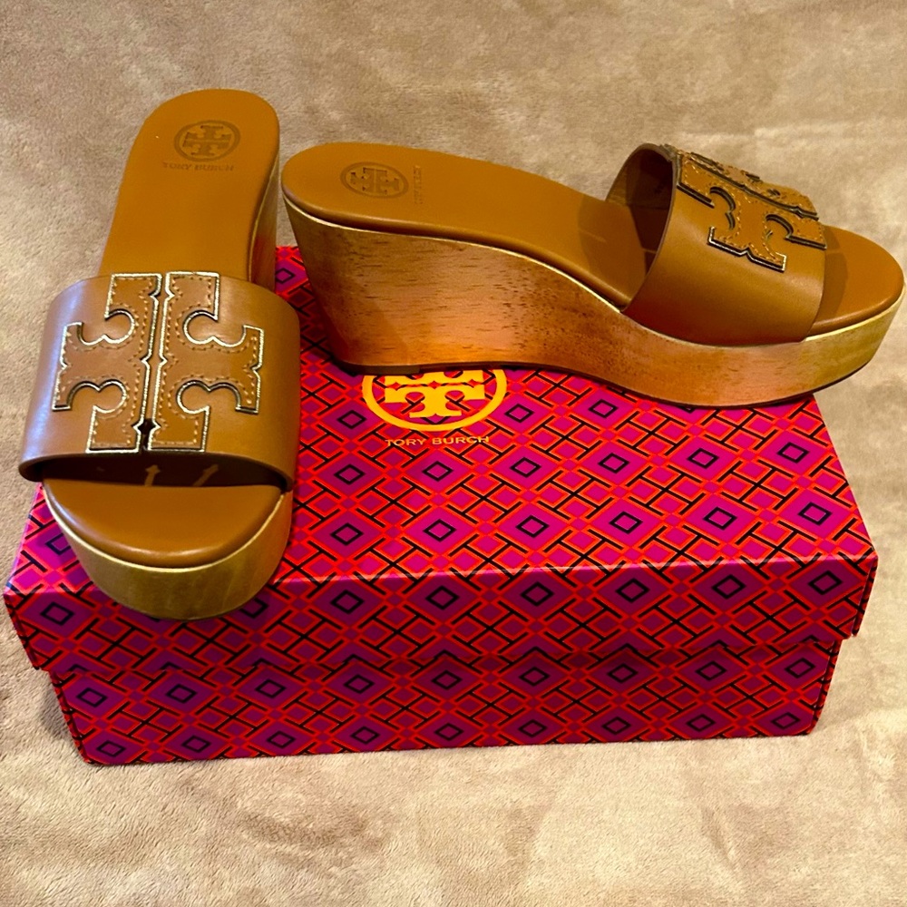 Tory Burch Ines Wedge Slides, Tan & Gold, 7